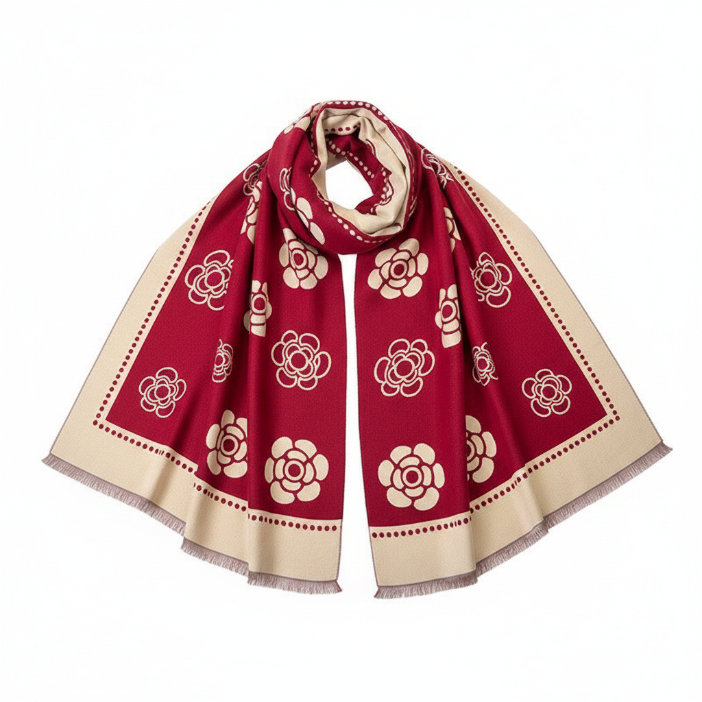 Red Camellia Scarf Flat Lay
