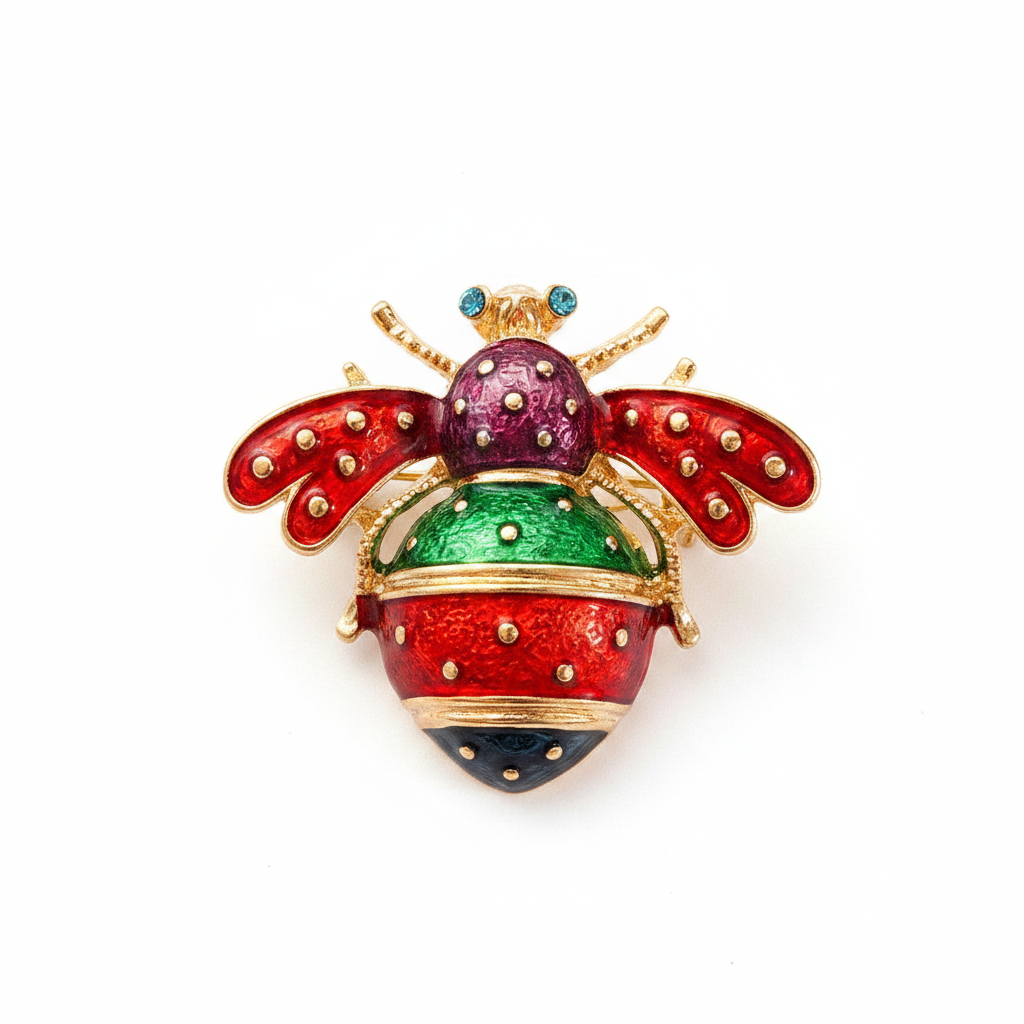 Red green striped bee brooch - white background
