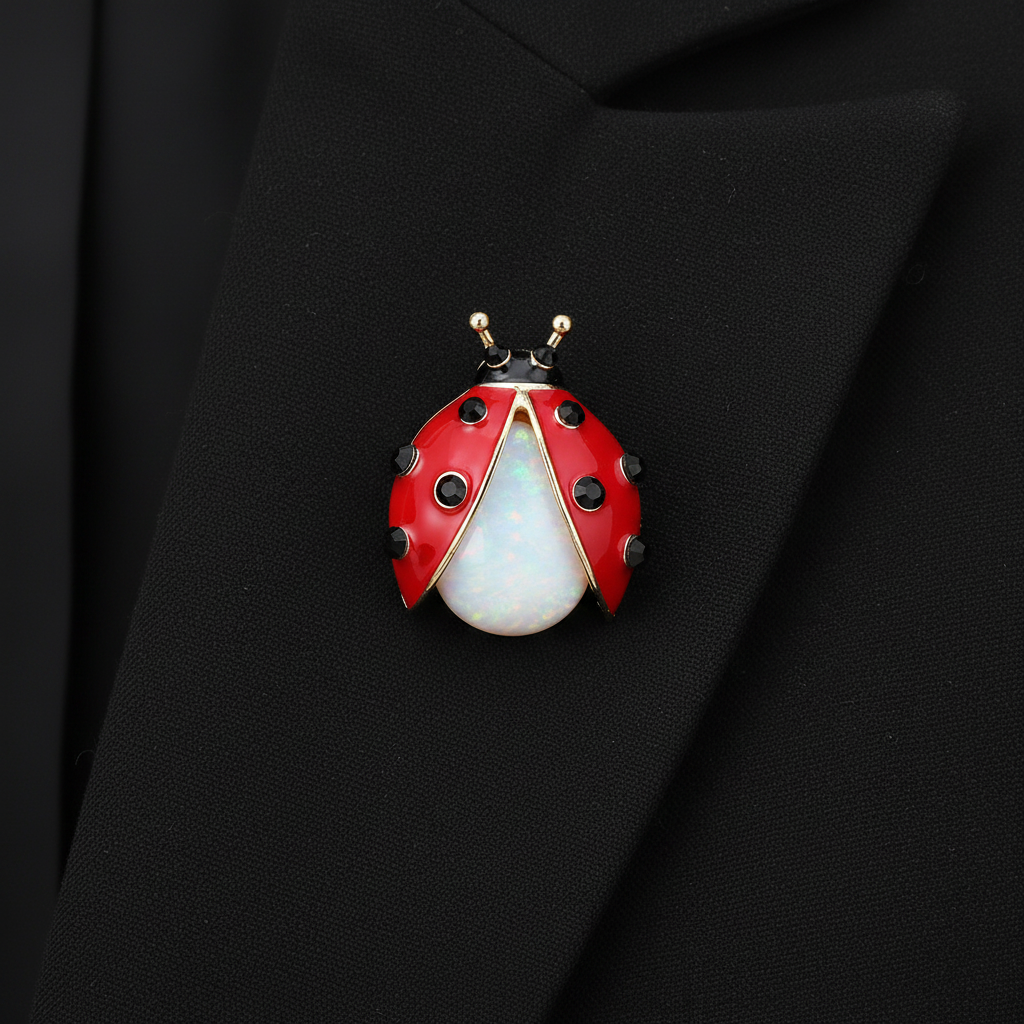 Red ladybug brooch on black blazer lapel