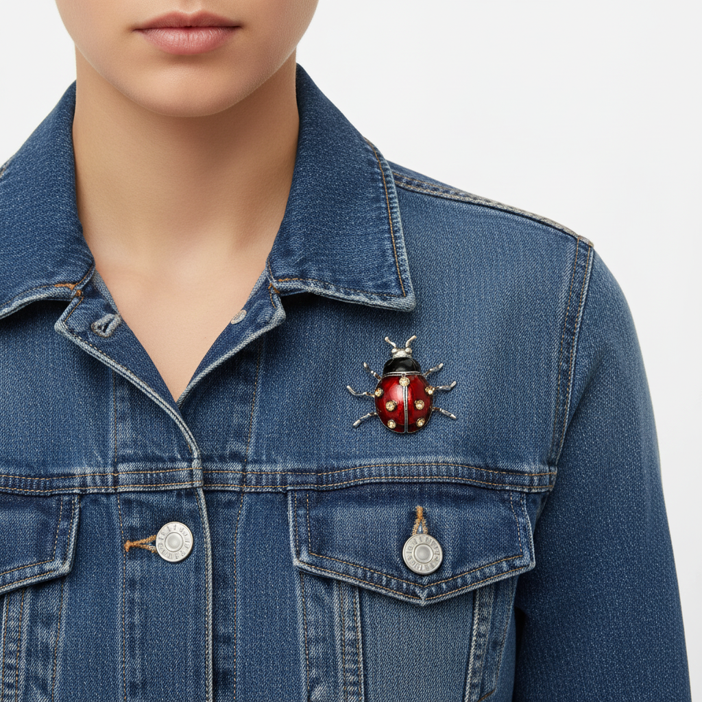 Red ladybug brooch on denim jacket