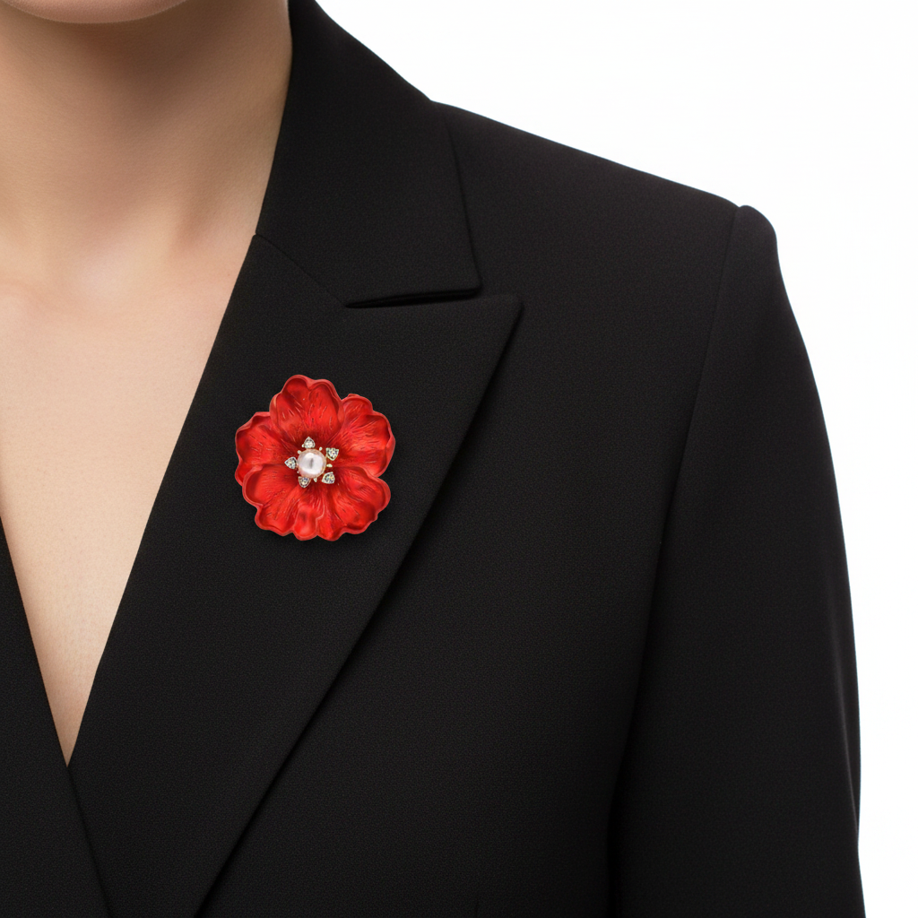 Red Matte Peony Brooch on Black Blazer
