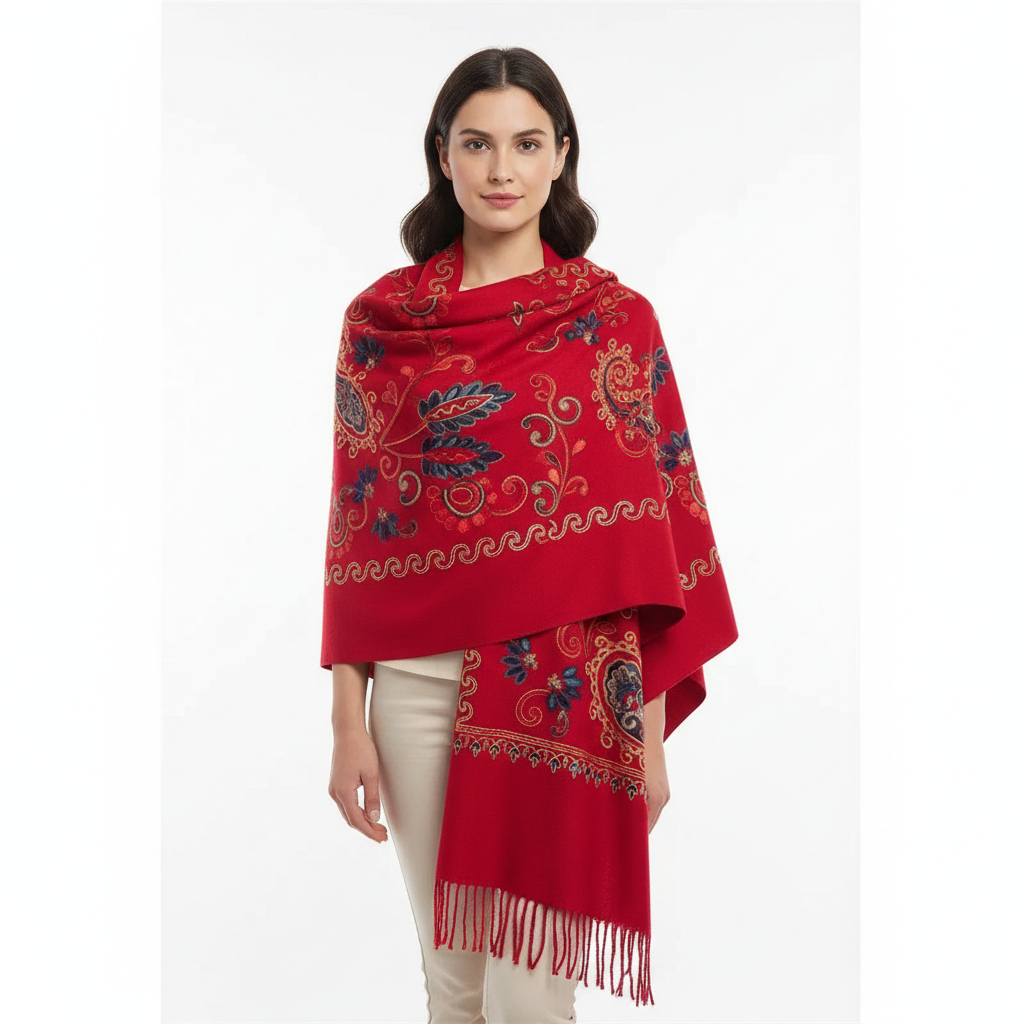 Red shawl front lifestyle