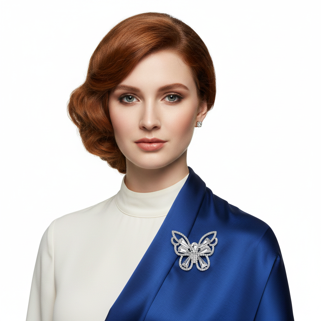 Redhead woman wearing butterfly brooch on silk scarf
