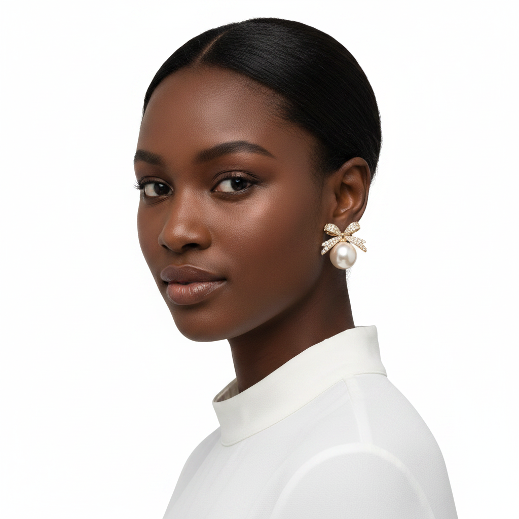 Rhinestone Bow Pearl Drop Earrings – Lifestyle Front