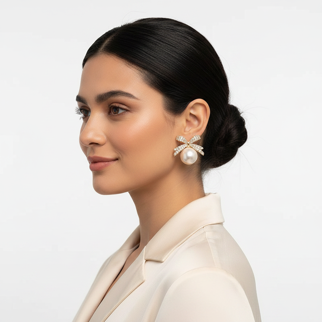 Rhinestone Bow Pearl Drop Earrings – Lifestyle Side