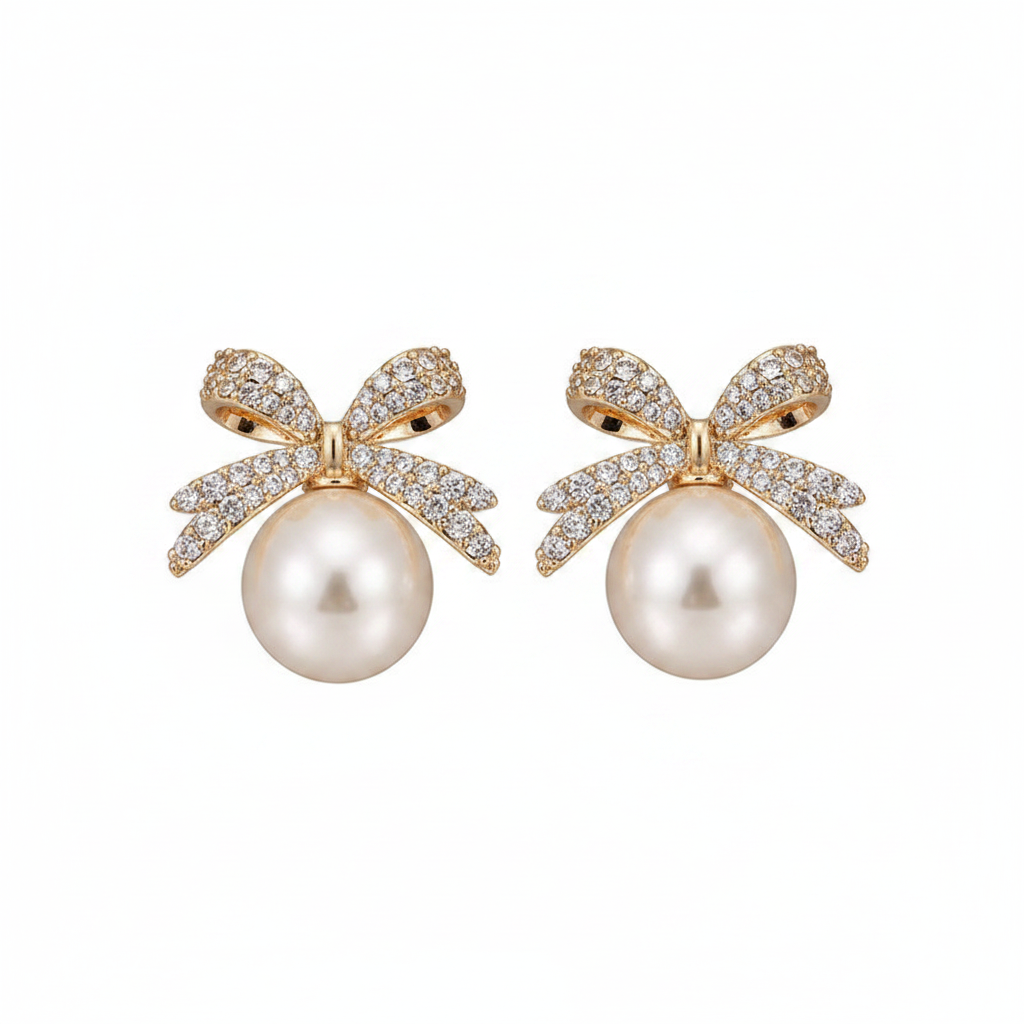 Rhinestone Bow Pearl Drop Earrings – Product Shot