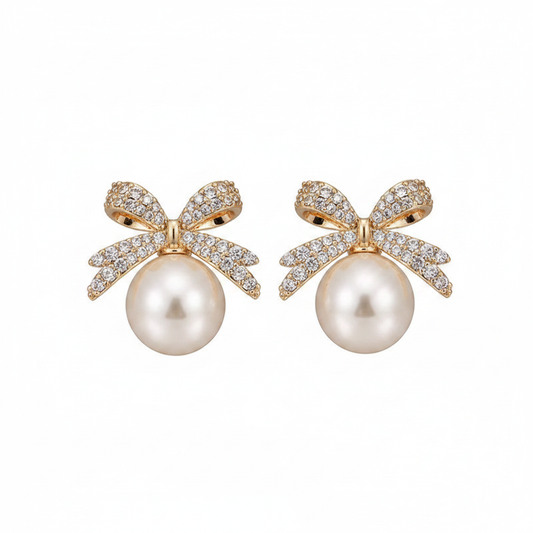 Rhinestone Bow Pearl Drop Earrings – Product Shot