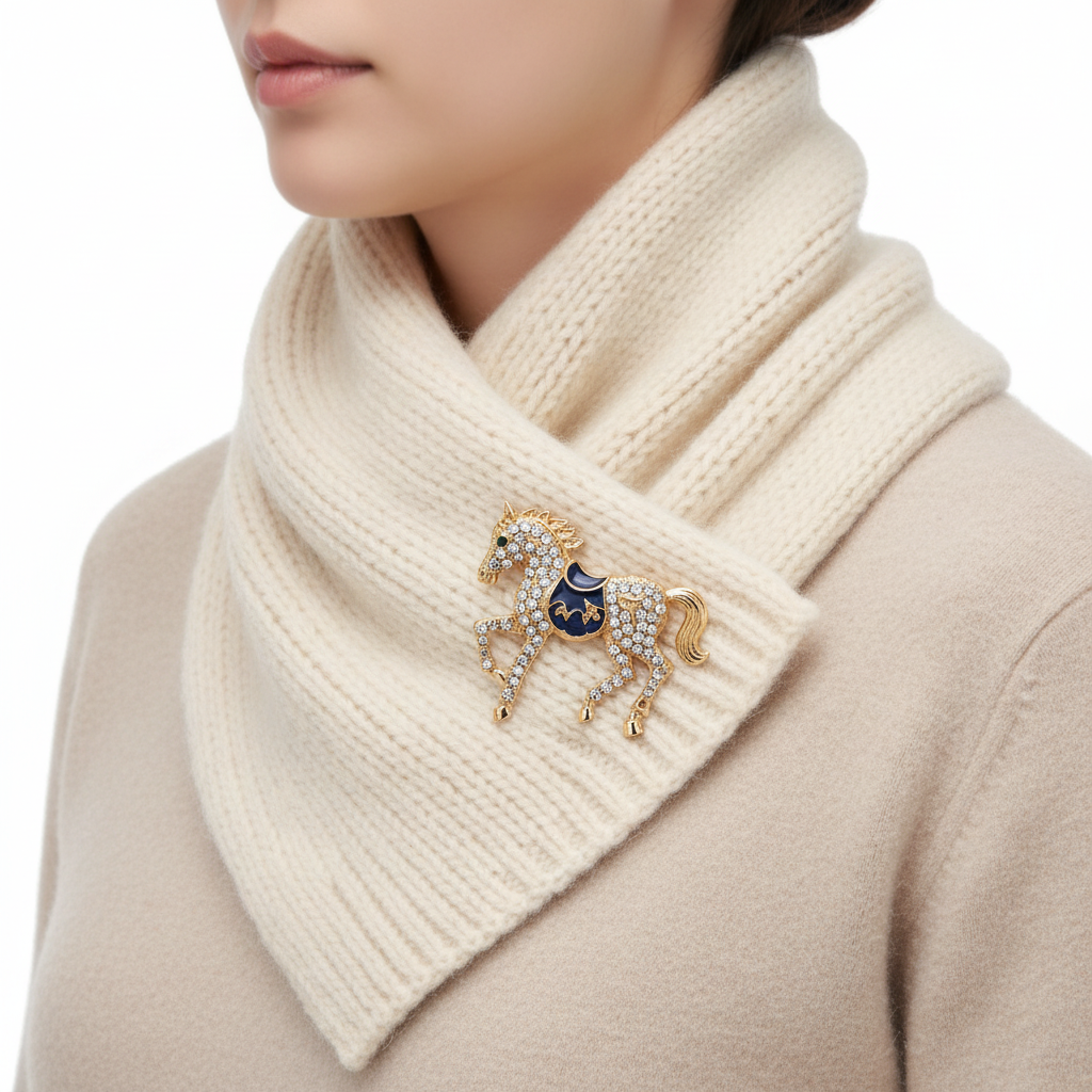 Rhinestone Horse Brooch on Cream Scarf