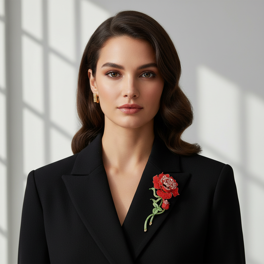 Rose brooch on blazer lapel, front view