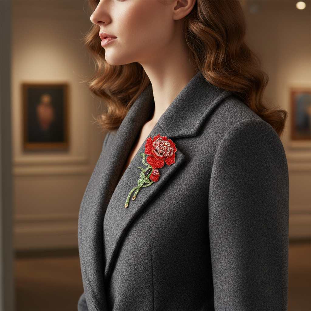 Rose brooch on coat, side profile