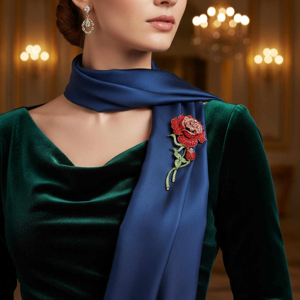 Rose brooch on draped scarf, evening styling