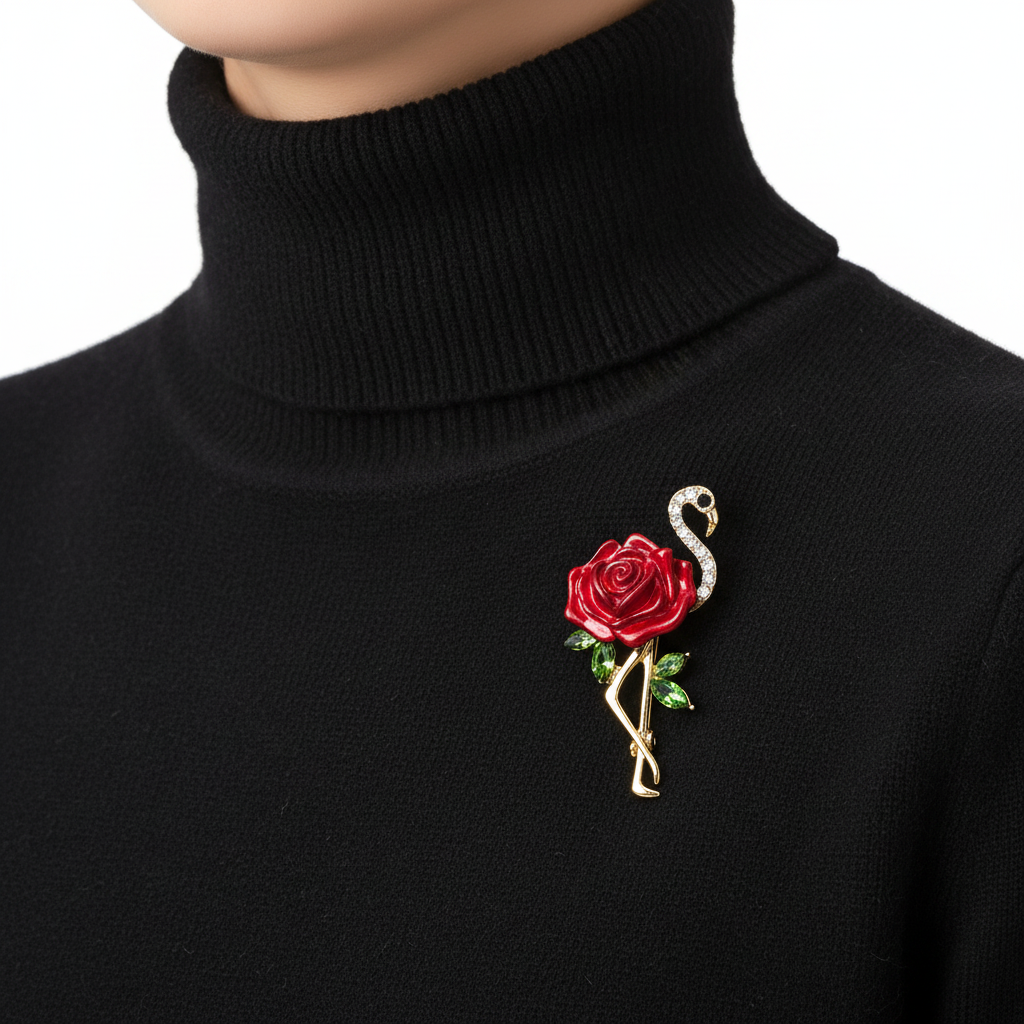 Rose Flamingo Brooch on black turtleneck