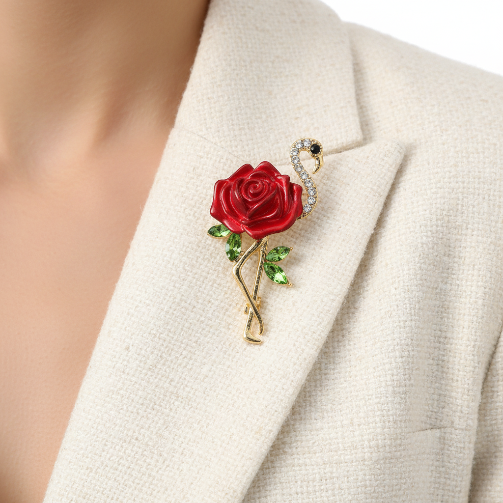 Rose Flamingo Brooch on cream blazer