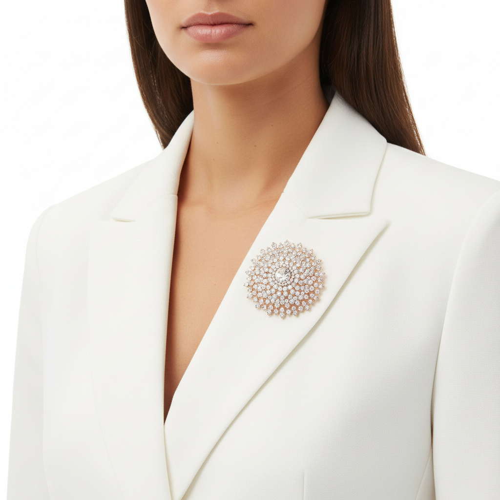 Rose Gold Sunburst Brooch on White Blazer