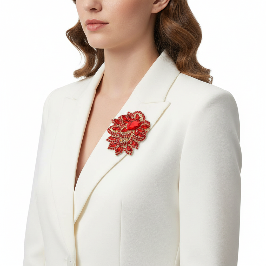 Ruby Red Brooch – White Blazer
