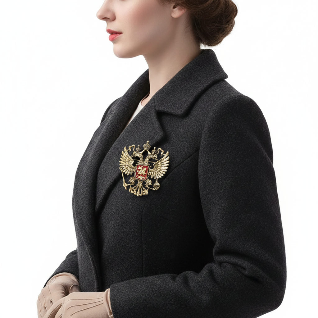 Russian Imperial Eagle Brooch - Wool Coat Side