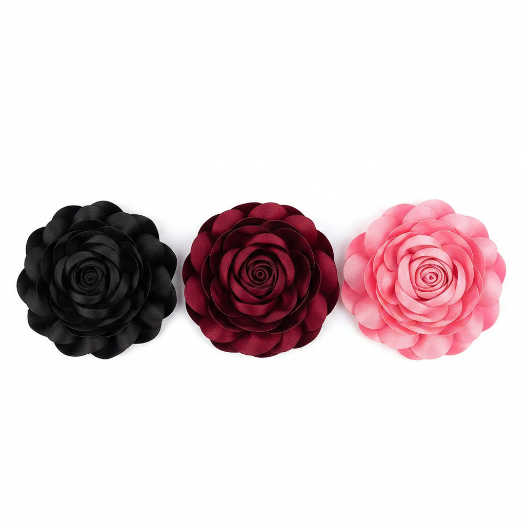 Satin Rose Brooch Set of 3 Flat Lay