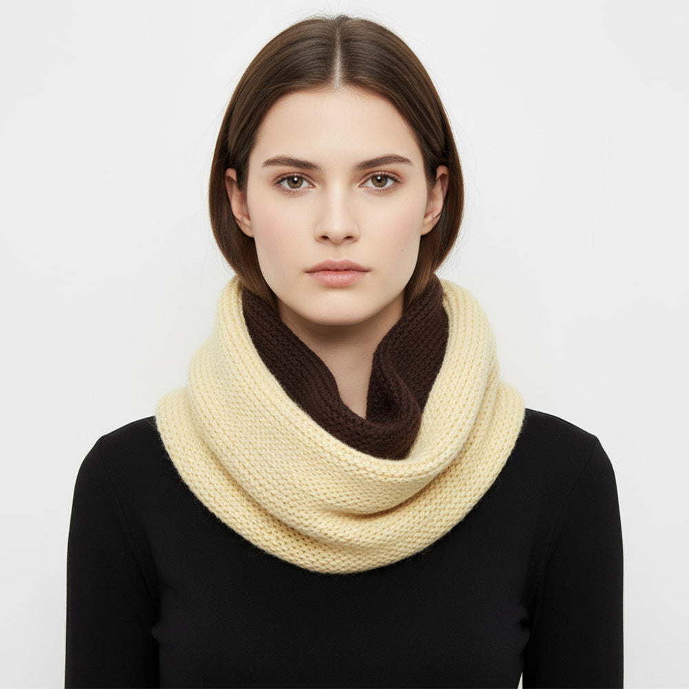 Two-Tone Chunky Knit Infinity Scarf | Brown & Cream Colorblock Loop Scarf