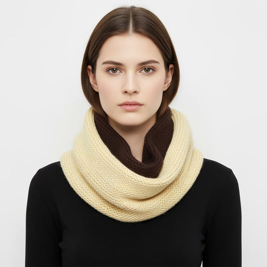 Two-Tone Chunky Knit Infinity Scarf | Brown & Cream Colorblock Loop Scarf