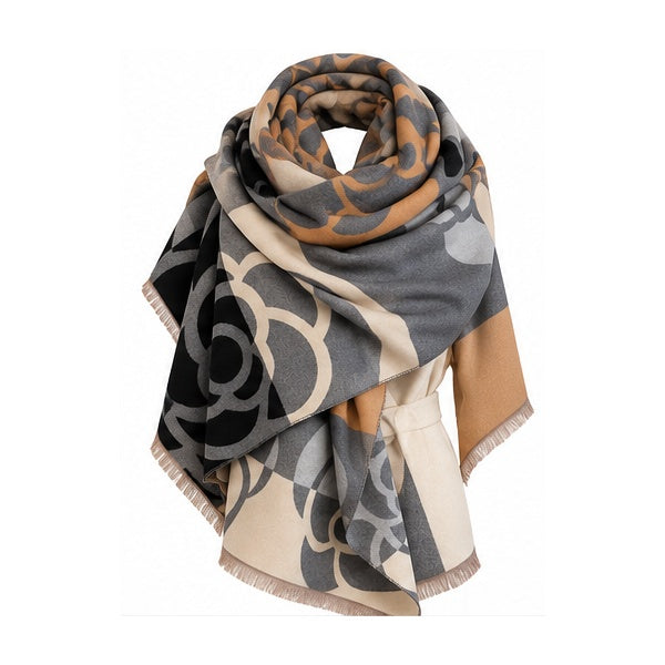 Black Gray & Tan Camellia Floral Oversized Blanket Scarf