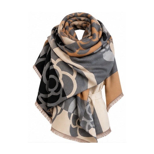 Black Gray & Tan Camellia Floral Oversized Blanket Scarf