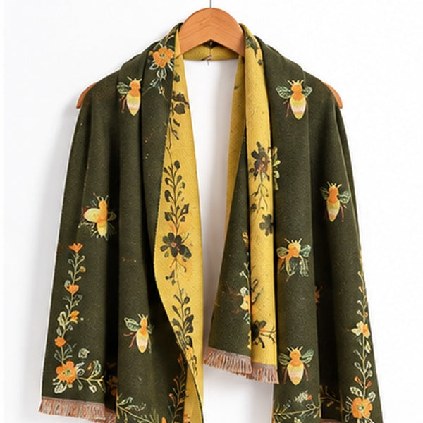 Reversible Bee & Floral Print Shawl Wrap Scarf – Olive Green & Mustard Yellow with Fringe