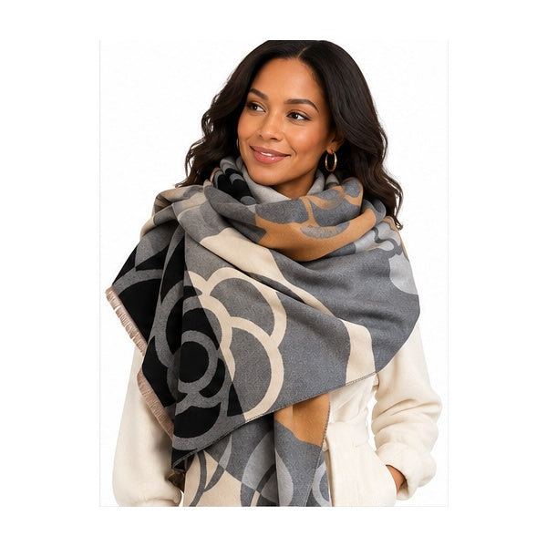 Black Gray & Tan Camellia Floral Oversized Blanket Scarf