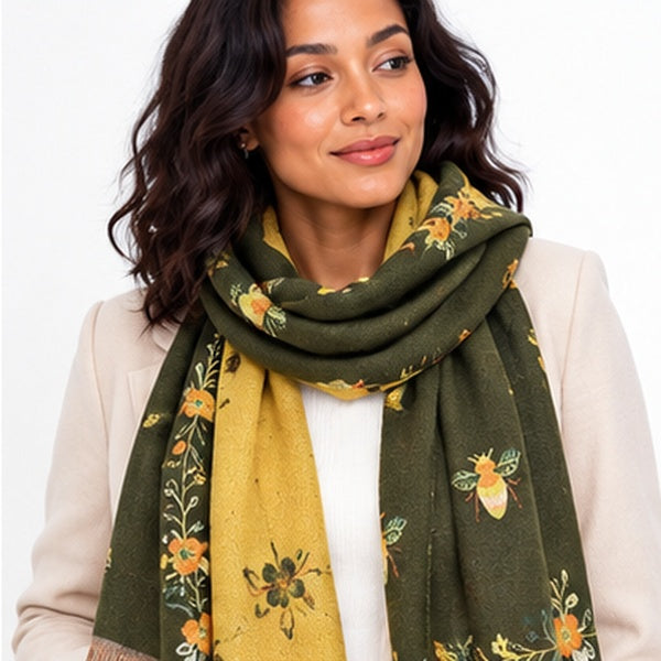 Reversible Bee & Floral Print Shawl Wrap Scarf – Olive Green & Mustard Yellow with Fringe