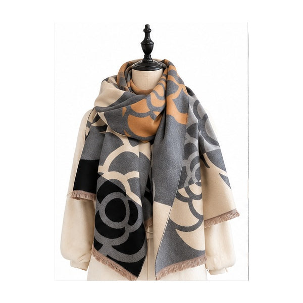 Black Gray & Tan Camellia Floral Oversized Blanket Scarf