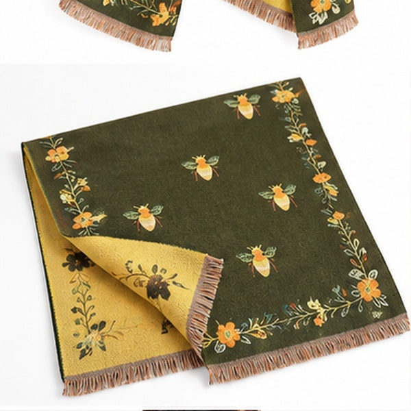 Reversible Bee & Floral Print Shawl Wrap Scarf – Olive Green & Mustard Yellow with Fringe