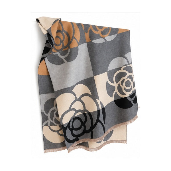 Black Gray & Tan Camellia Floral Oversized Blanket Scarf
