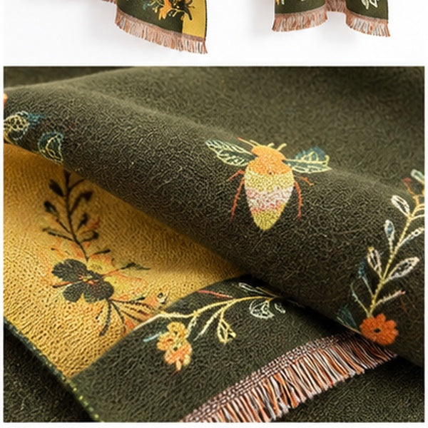 Reversible Bee & Floral Print Shawl Wrap Scarf – Olive Green & Mustard Yellow with Fringe