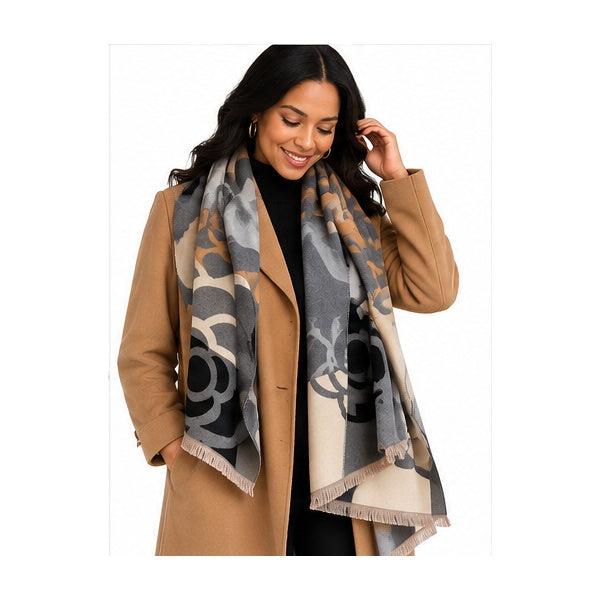 Black Gray & Tan Camellia Floral Oversized Blanket Scarf