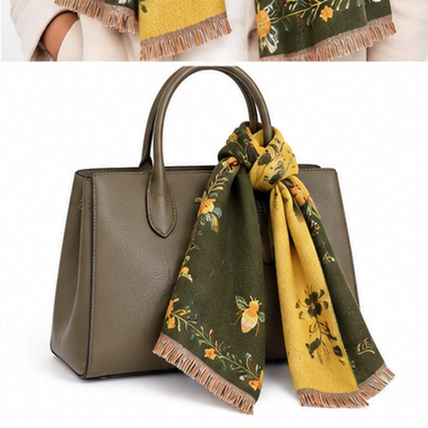 Reversible Bee & Floral Print Shawl Wrap Scarf – Olive Green & Mustard Yellow with Fringe