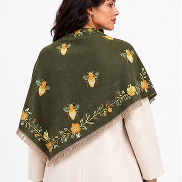 Reversible Bee & Floral Print Shawl Wrap Scarf – Olive Green & Mustard Yellow with Fringe