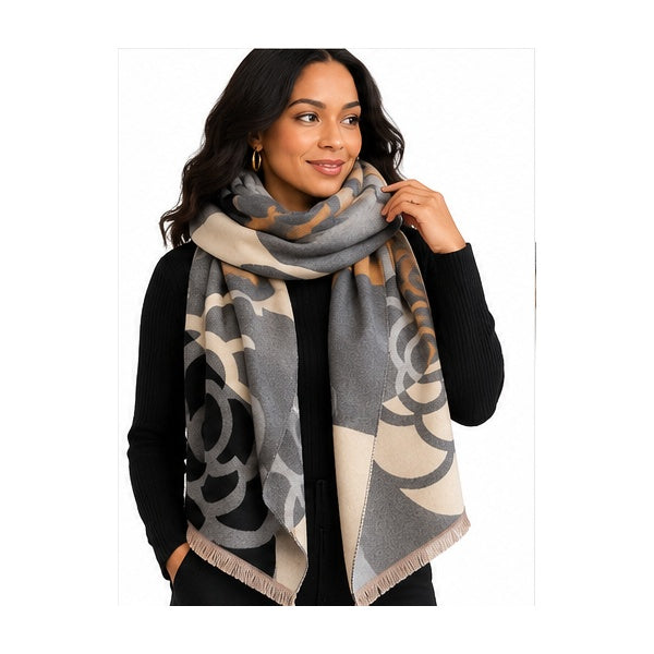 Black Gray & Tan Camellia Floral Oversized Blanket Scarf