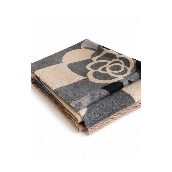 Black Gray & Tan Camellia Floral Oversized Blanket Scarf