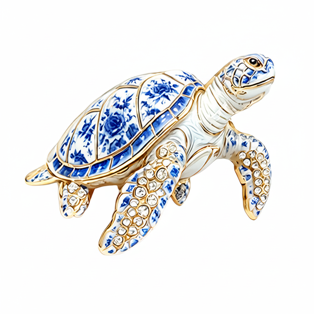 Sea Turtle Brooch – Blue White Floral