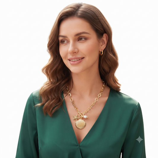 Seashell Starfish Pearl Charm Toggle Chunky Chain Necklace – Coastal Beach Statement Necklace for Women