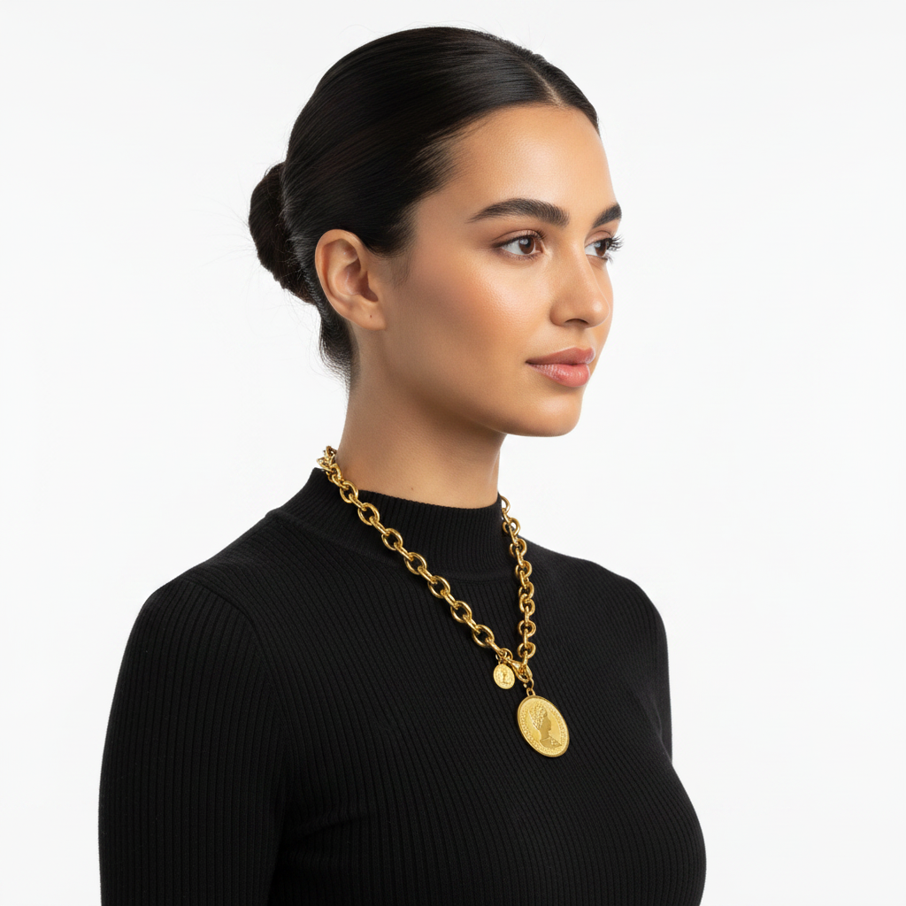 Side — Hispanic woman wearing coin pendant necklace