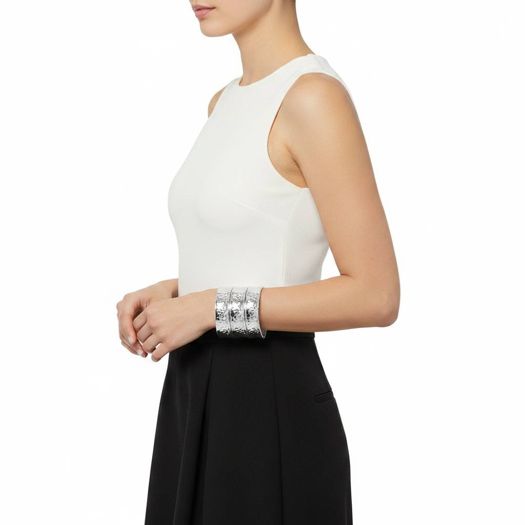 Side lifestyle — Bold Wide Hammered Silver Bangle