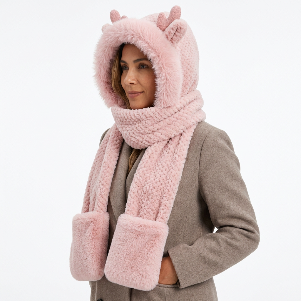 Side lifestyle view of pink plush hooded scarf
