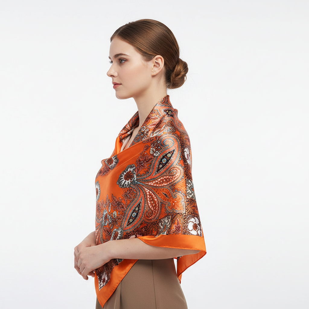 Woman wearing orange paisley silk-feel square scarf as a shawl, side view