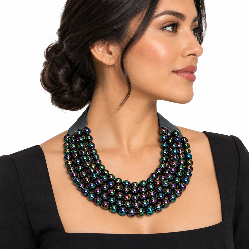 Side/shoulder-drape lifestyle shot of the necklace on a Hispanic woman, white background