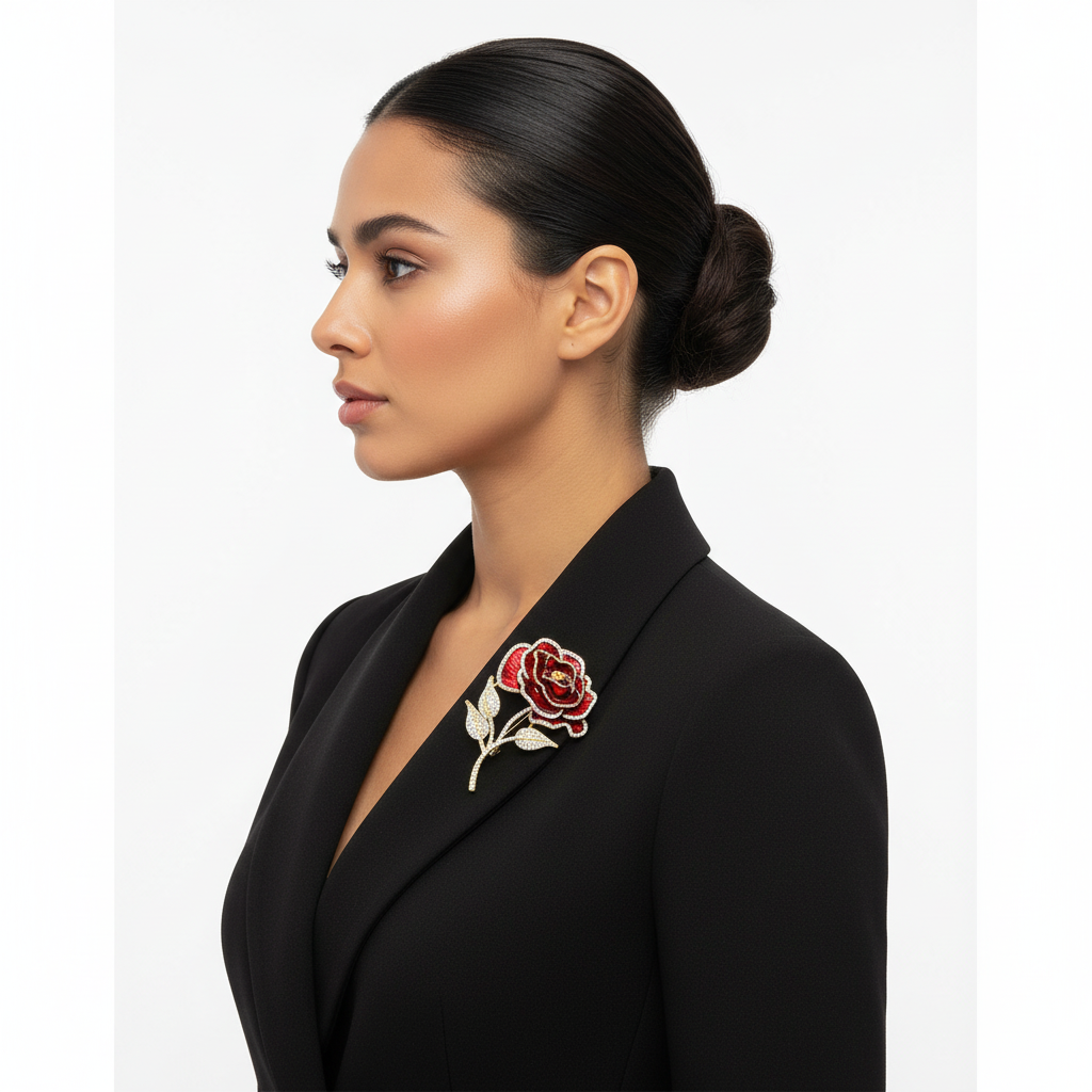 Side view: Hispanic woman wearing the red enamel rose brooch with elegant shoulder draping