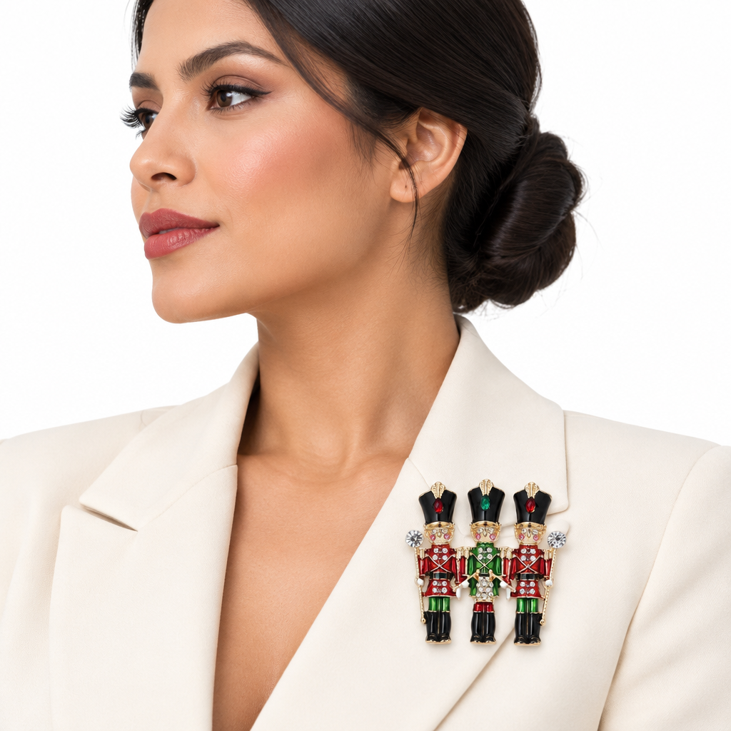 Side-view lifestyle image of the Nutcracker brooch