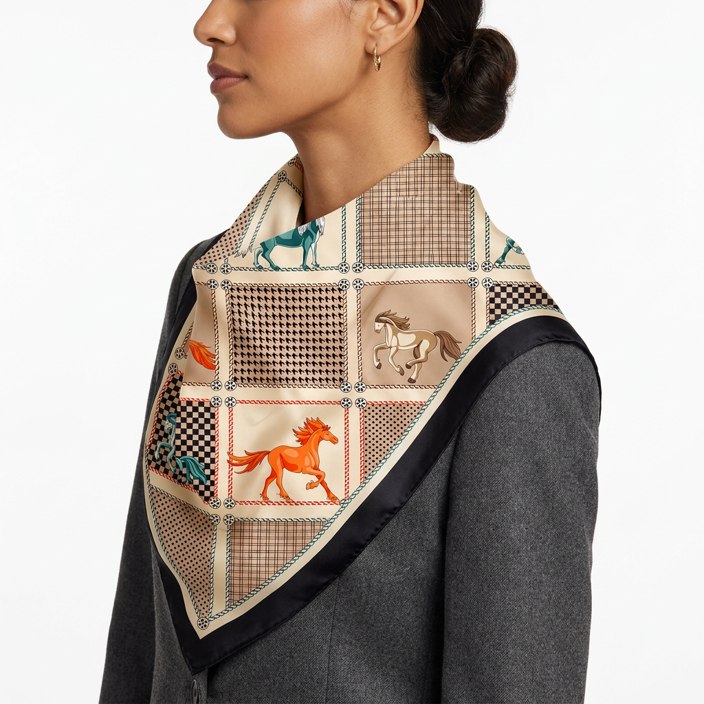 Side view lifestyle shot of model wearing the equestrian scarf
