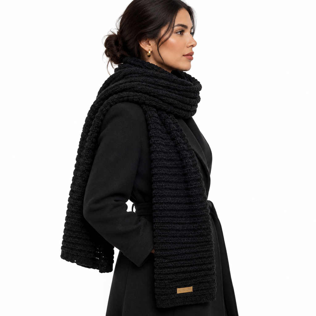 Side view of a Hispanic model wearing the black chunky ribbed knit scarf