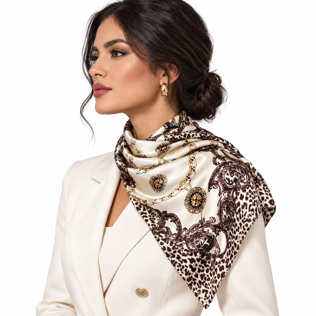 Side view of model wearing the leopard print scarf