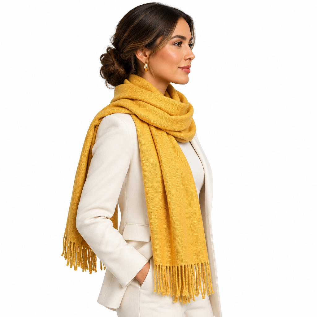 Side view of model wearing the mustard yellow tassel scarf